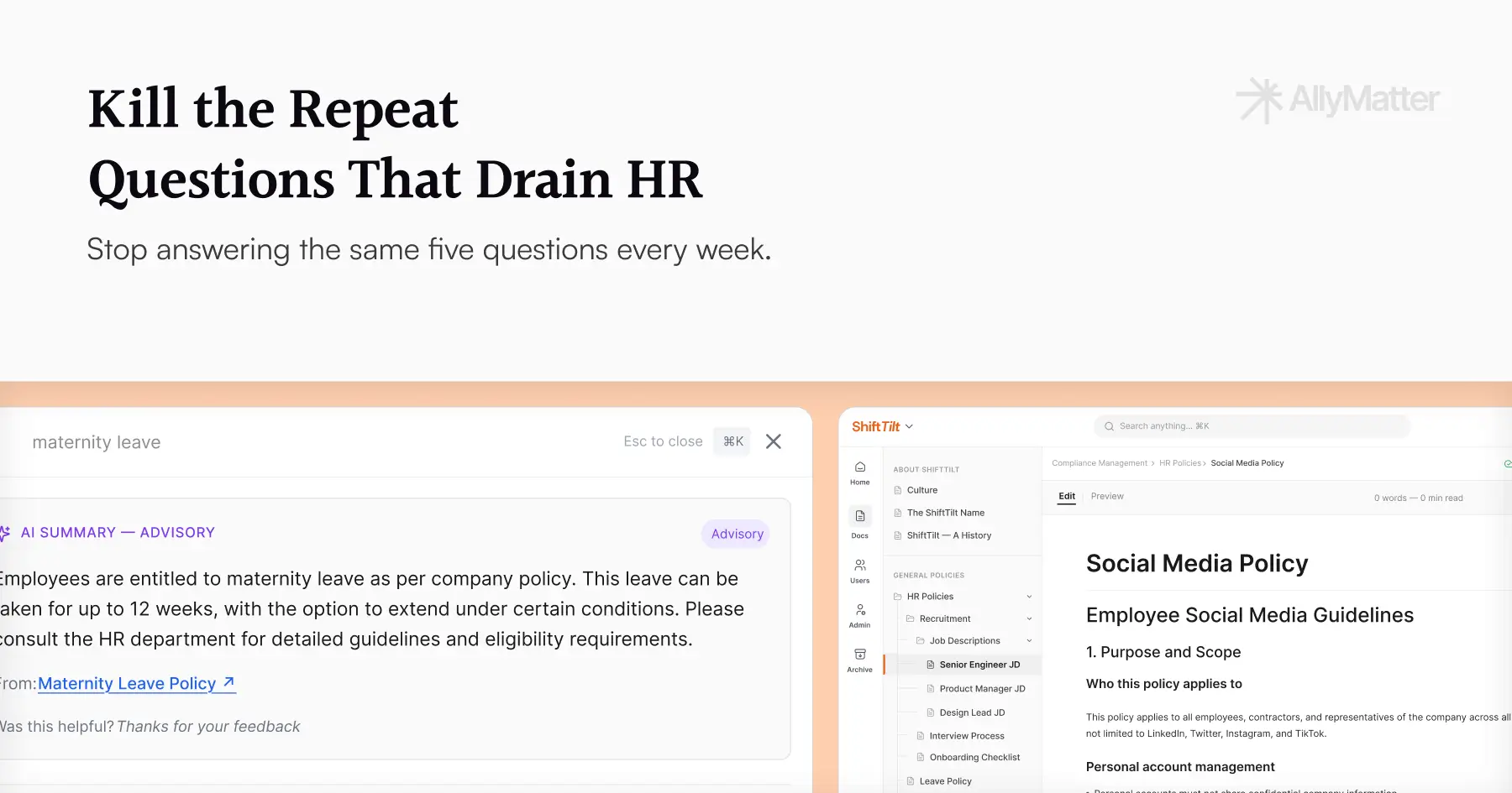 AllyMatter blog banner titled Kill the Repeat Questions That Drain HR with the subheading Stop answering the same five questions every week, showing a split view of the search interface with a maternity leave query and AI summary result alongside the document library view.