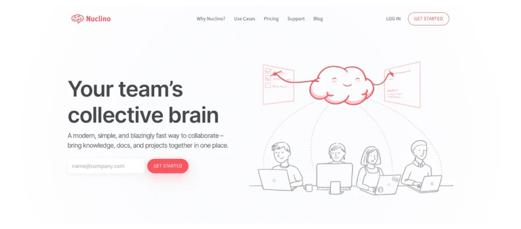 Nuclino collaborative knowledge management platform showing team brain concept with connected team members