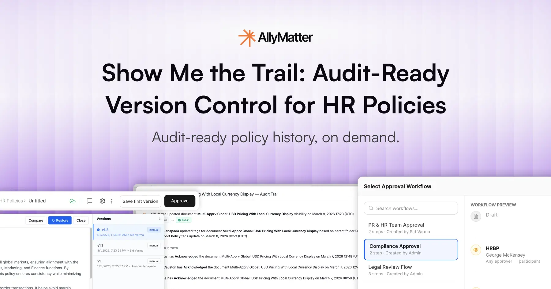 Banner for the article "Show Me the Trail: Audit-Ready Version Control for HR Policies" showing the AllyMatter logo, article title, banner description, and overlapping UI screenshots of version history and approval workflow panels on a purple gradient background.