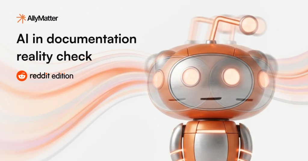AI robot illustration for article about real-world AI documentation challenges and examples from Reddit users
