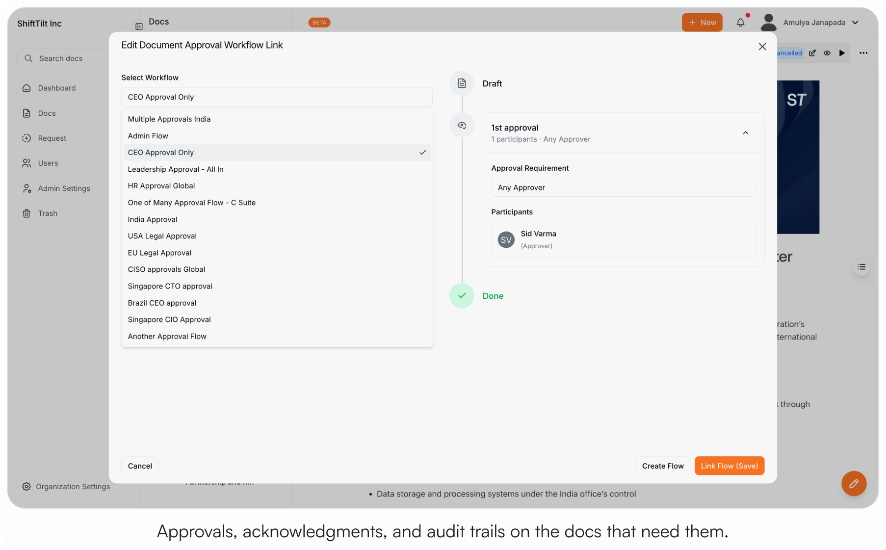 AllyMatter approval workflow dialog showing configurable workflow templates including HR Approval Global and Leadership Approval, with a visual flow from Draft through an approval step to Done.