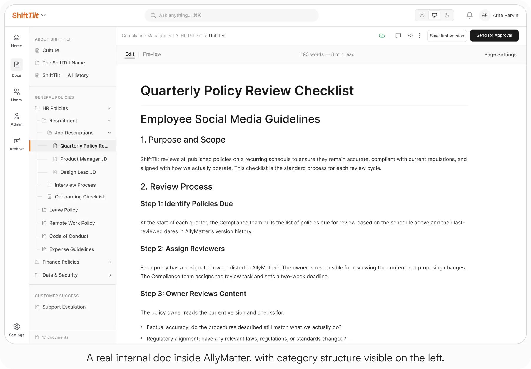 AllyMatter knowledge base showing a Quarterly Policy Review Checklist open, with a categorized folder structure including HR Policies, Finance Policies, and Customer Success sections visible in the left sidebar.