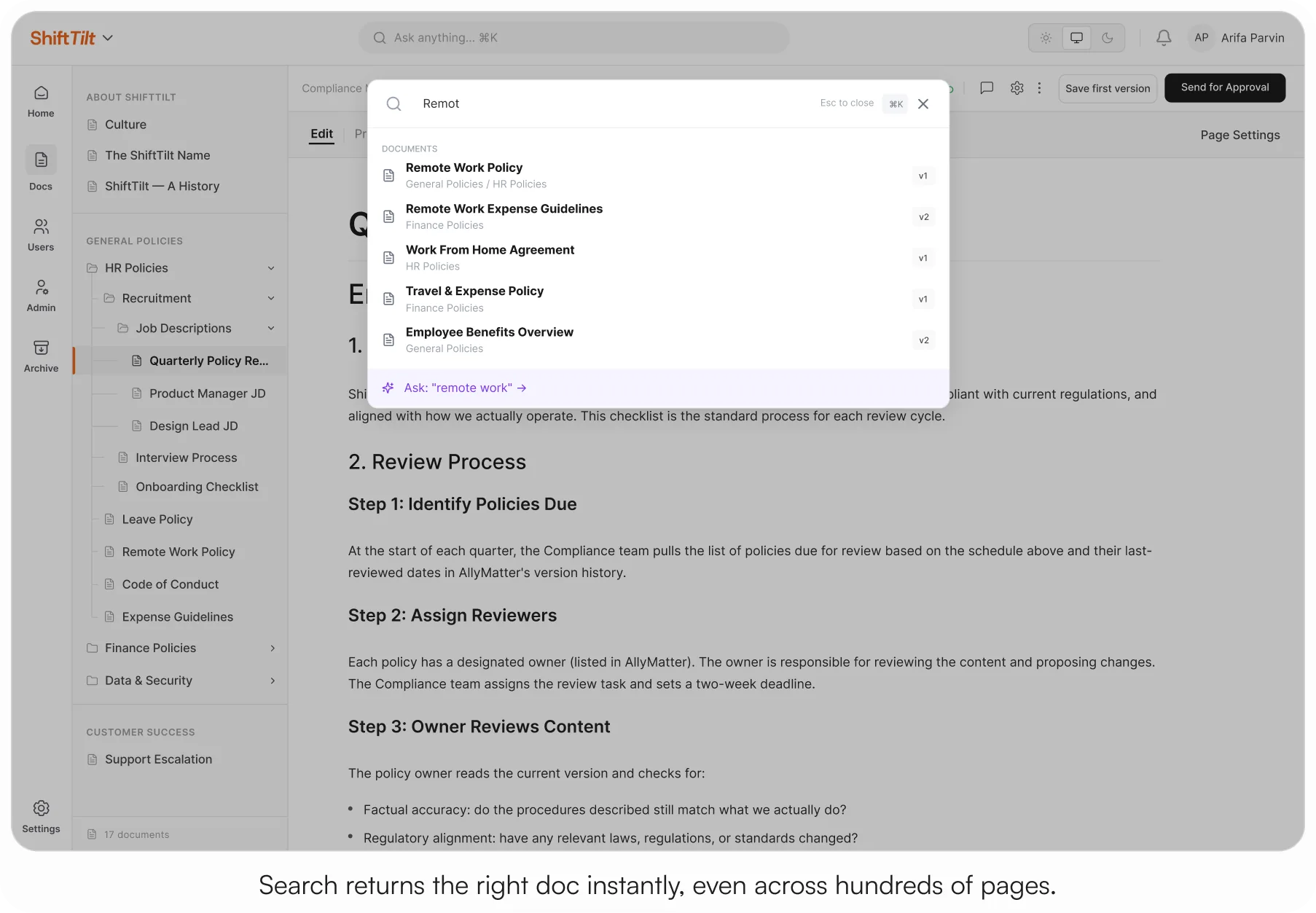 AllyMatter search interface showing results for the query "Remot," surfacing Remote Work Policy, Remote Work Expense Guidelines, Work From Home Agreement, and other relevant documents with version numbers and folder paths visible.