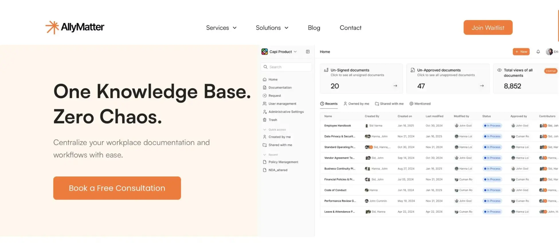 AllyMatter knowledge base dashboard showing document management interface with unsigned and unapproved documents for startup teams
