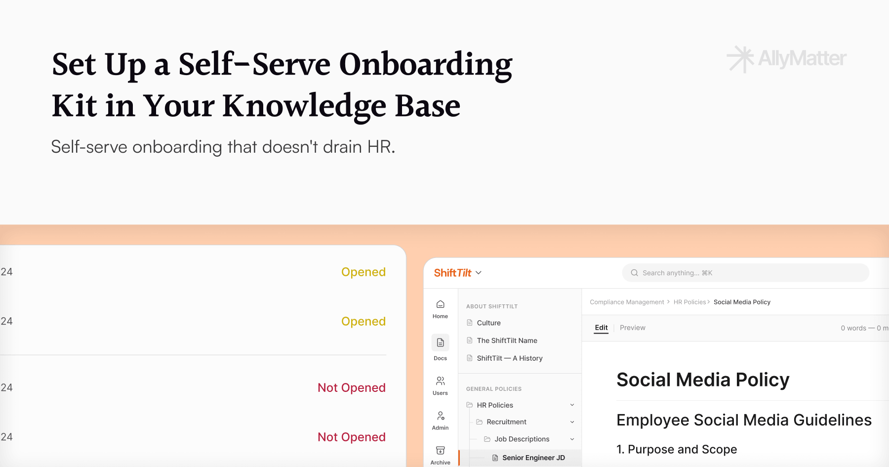 Banner for AllyMatter article titled "Set Up a Self-Serve Onboarding Kit in Your Knowledge Base" with subtitle "Self-serve onboarding that doesn't drain HR," showing acknowledgment tracking and document library screenshots in the background