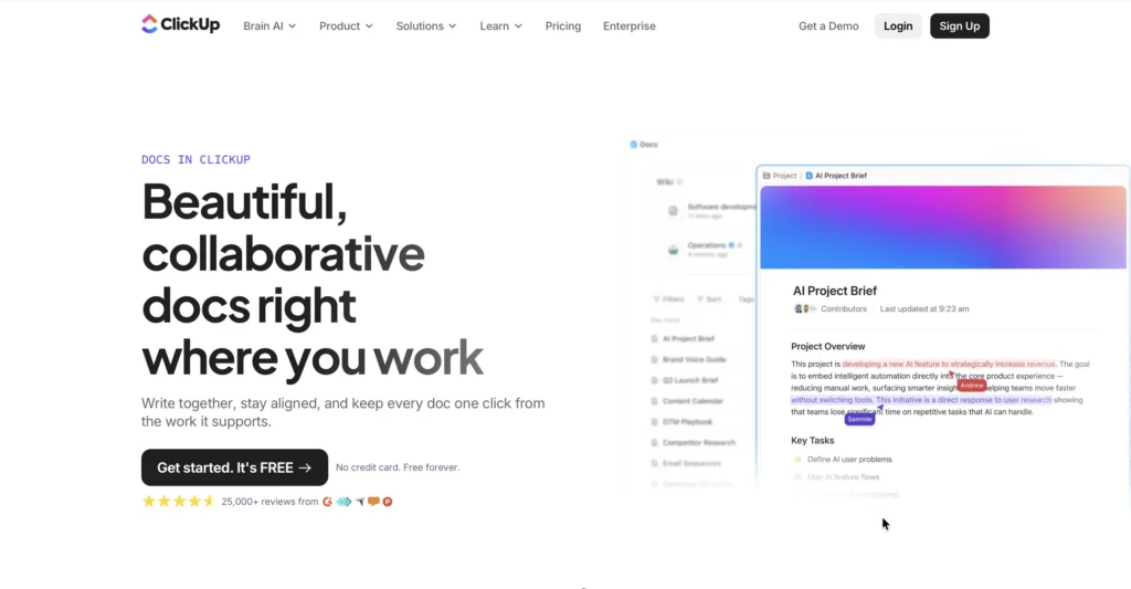 ClickUp Docs interface showing collaborative document editing with AI Project Brief, contributor avatars, and highlighted inline comments