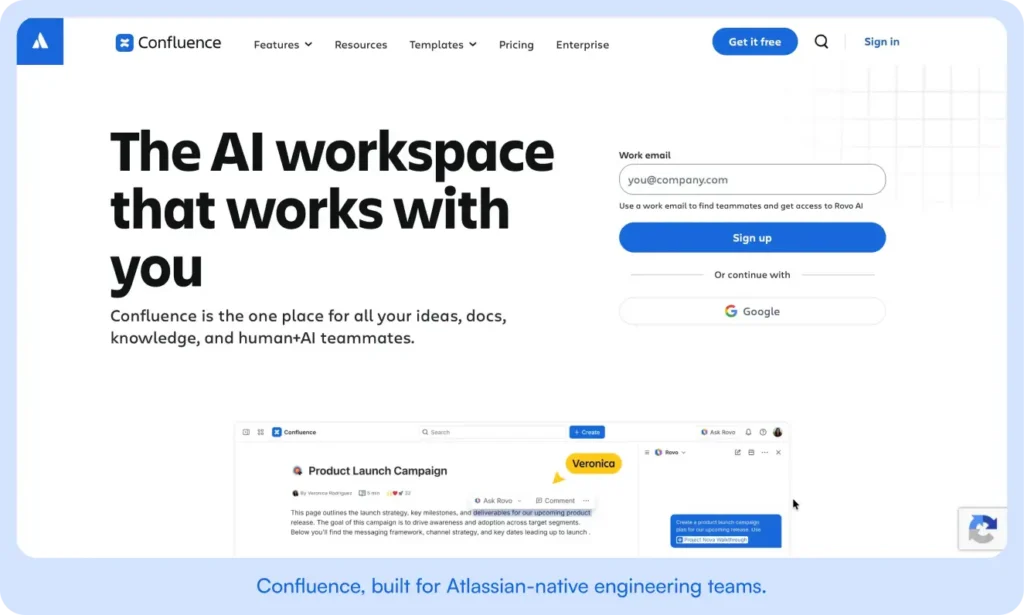 Confluence home page describing it as the AI workspace for ideas, docs, knowledge, and human and AI teammates.