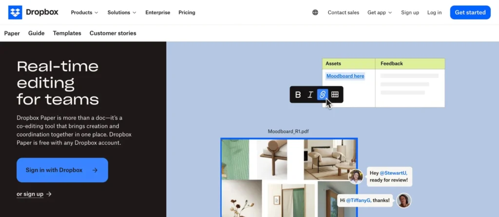 Dropbox Paper minimalist editing interface with rich media support