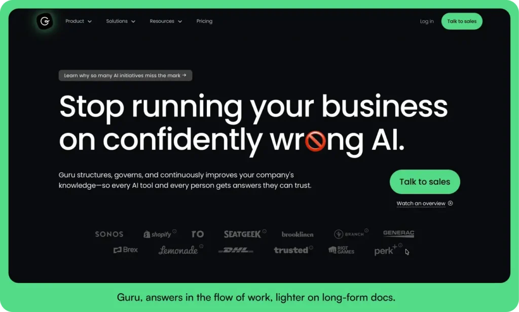 Guru home page with the headline "Stop running your business on confidently wrong AI," describing how Guru structures and governs company knowledge.