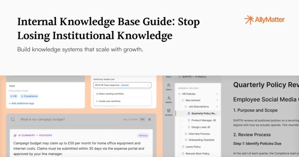 AllyMatter blog banner with the title "Internal Knowledge Base Guide: Stop Losing Institutional Knowledge" and subtitle "Build knowledge systems that scale with growth," alongside screenshots of AllyMatter's tag-based access control, approval workflow, smart search, and document library features.