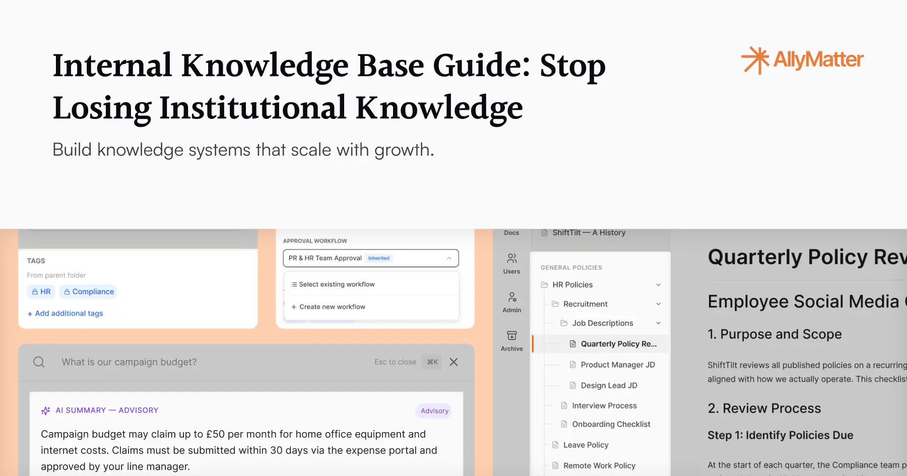 AllyMatter blog banner with the title "Internal Knowledge Base Guide: Stop Losing Institutional Knowledge" and subtitle "Build knowledge systems that scale with growth," alongside screenshots of AllyMatter's tag-based access control, approval workflow, smart search, and document library features.