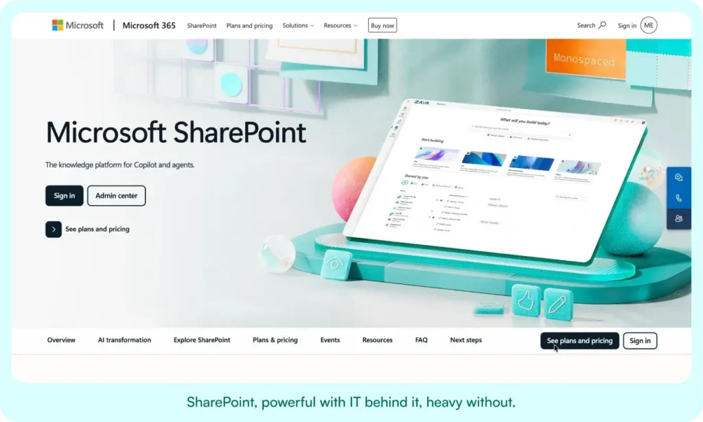 Microsoft SharePoint home page describing it as the knowledge platform for Copilot and agents.