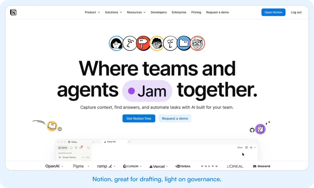 Notion home page describing it as the workspace where teams and agents jam together to capture context, find answers, and automate tasks.