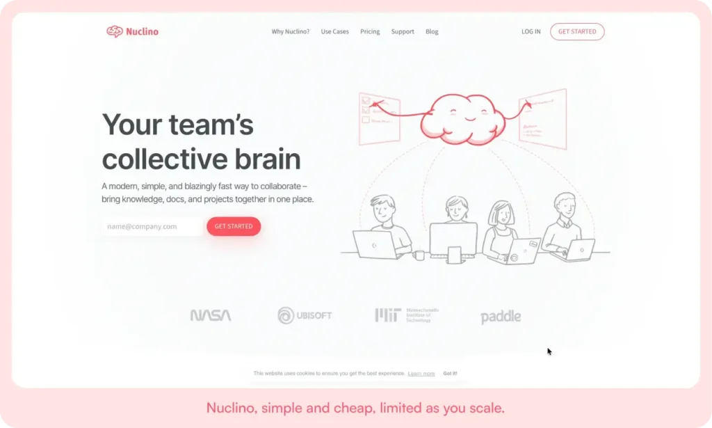 Nuclino home page describing it as a modern, simple way to bring knowledge, docs, and projects together in one place.