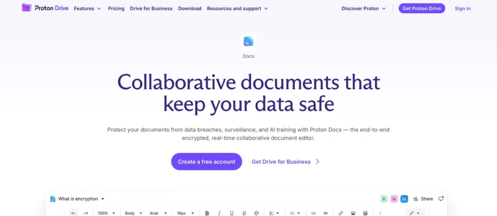Proton Docs end-to-end encrypted document editor interface