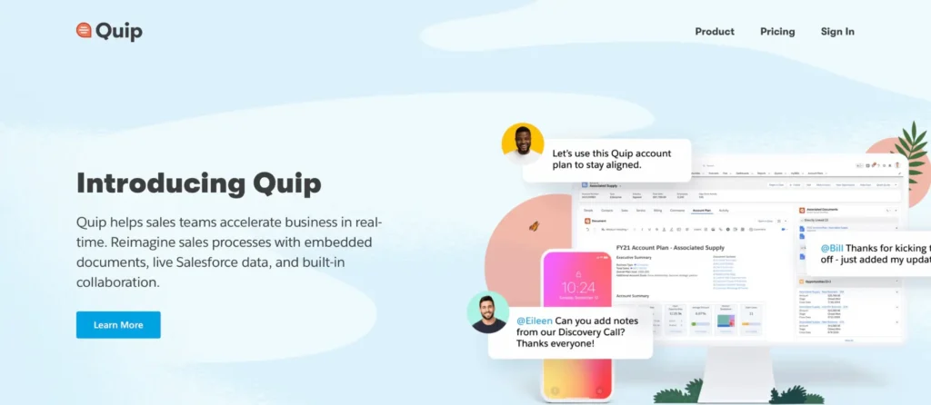 Quip document editor with embedded Salesforce data and collaboration features