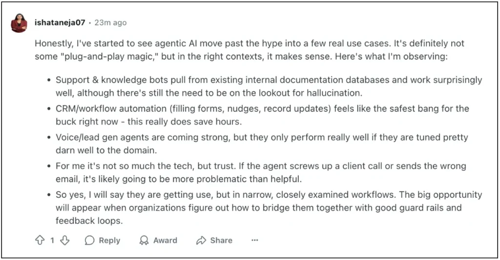 Reddit comment describing AI implementation with guardrails, feedback loops, and narrow workflows showing real use cases beyond hype