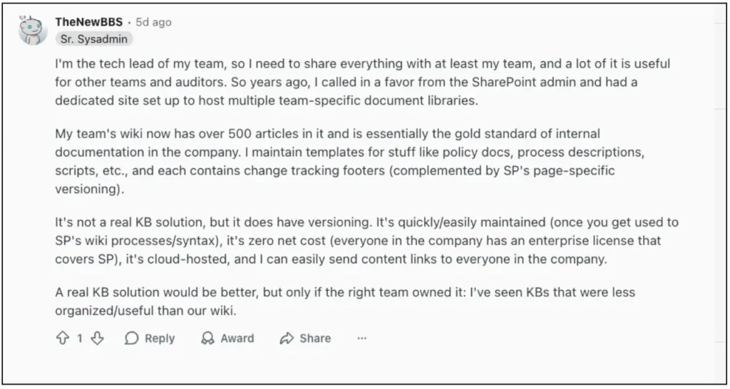 Reddit comment from tech lead describing successful SharePoint wiki with 500+ articles maintained through dedicated admin and proper versioning