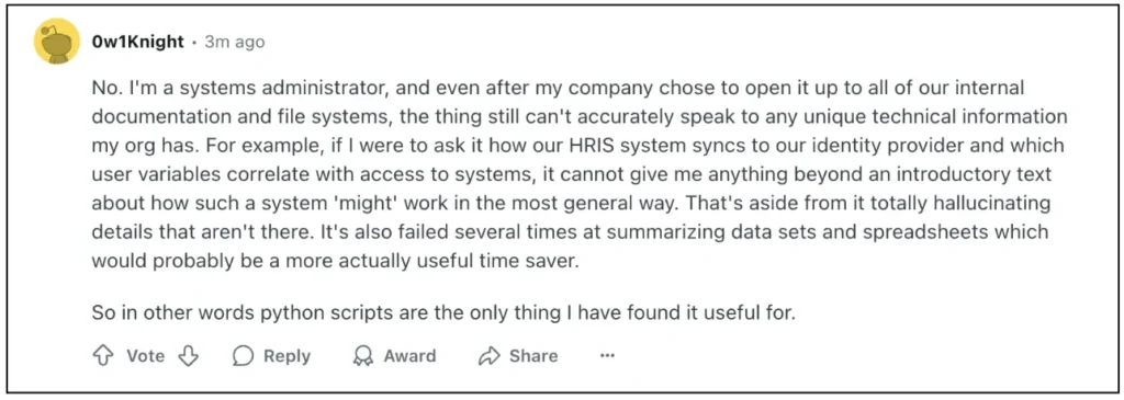 Reddit comment from systems administrator reporting AI cannot accurately answer unique technical questions and hallucinates details