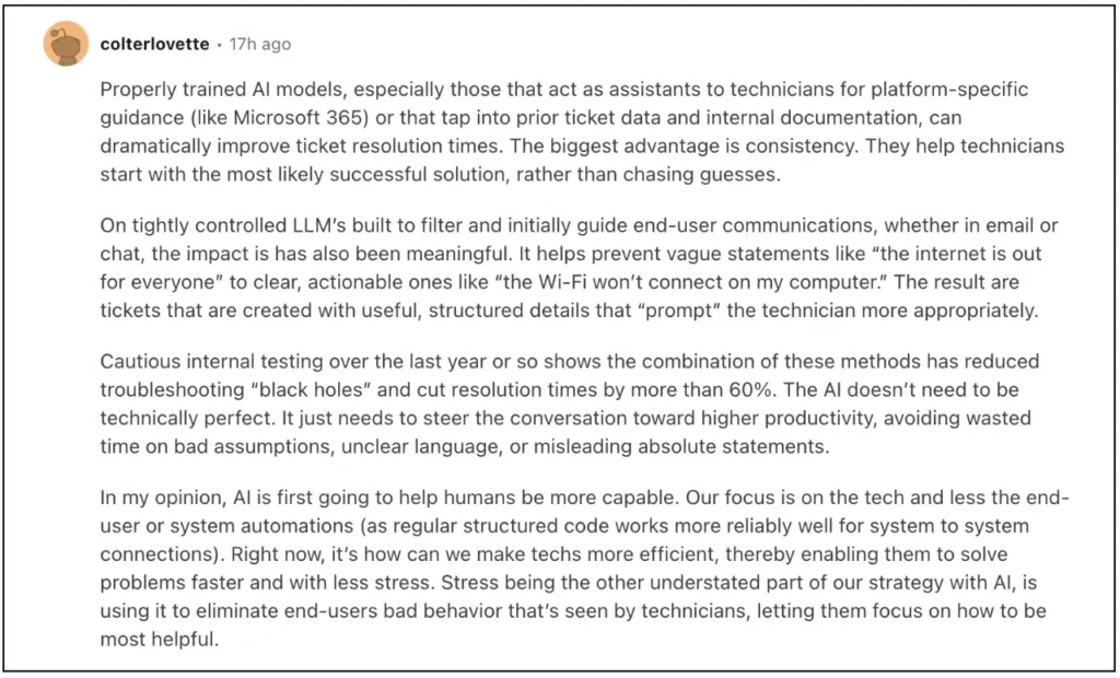 Reddit comment describing how properly trained AI models with guardrails reduced troubleshooting black holes and cut resolution times by over 60%