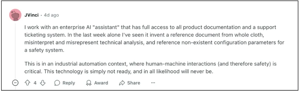 Reddit comment describing AI inventing reference documents and misrepresenting technical analysis in safety-critical industrial automation