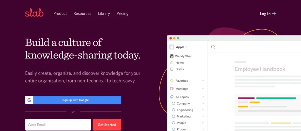 Slab knowledge base homepage featuring unified search across tools and topic-based organization for technical teams