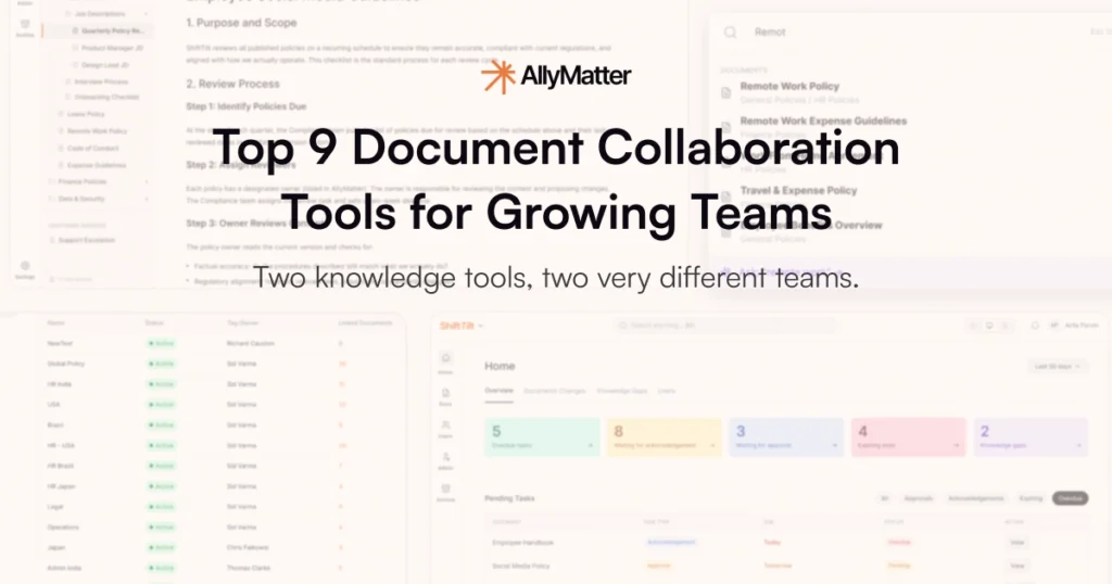 AllyMatter blog banner for Top 9 Document Collaboration Tools for Growing Teams, featuring the platform's document view, tag management screen, and analytics dashboard.