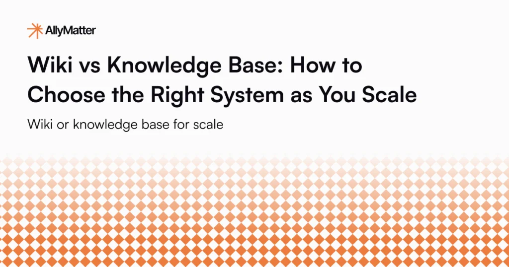 AllyMatter blog banner for wiki vs knowledge base article with title and subtitle on branded background