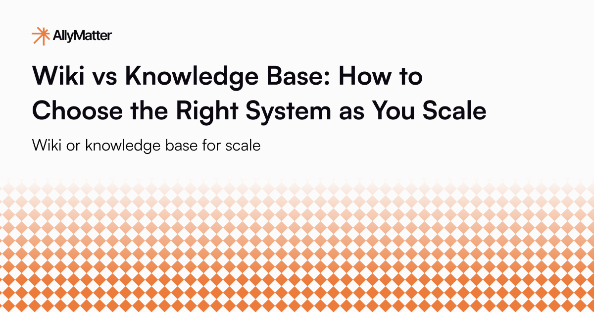 AllyMatter blog banner for wiki vs knowledge base article with title and subtitle on branded background