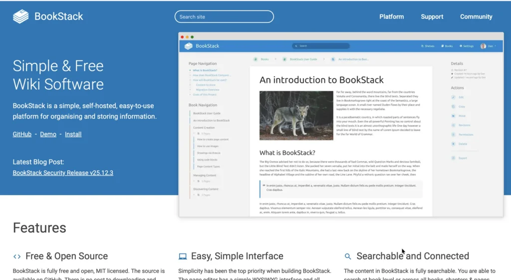 BookStack homepage featuring "Simple & Free Wiki Software" with product screenshot showing introduction document with page navigation, book structure, and wolf image, highlighting features like Free & Open Source and Easy Simple Interface
