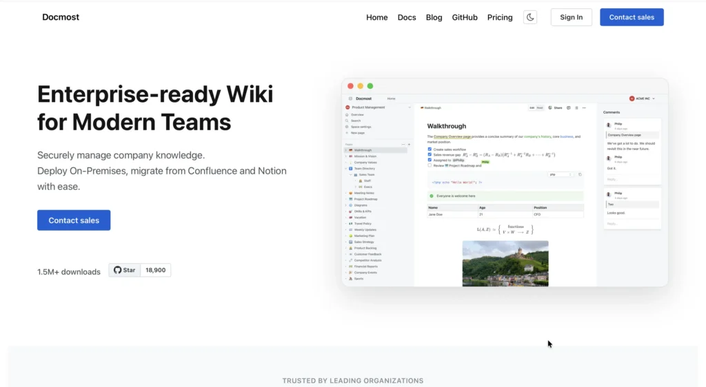 Docmost homepage featuring "Enterprise-ready Wiki for Modern Teams" with product screenshot showing walkthrough document with sidebar navigation, mathematical formulas, and comments panel, highlighting 1.5M+ downloads