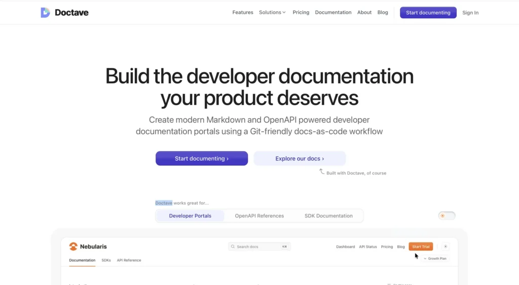 Doctave homepage featuring headline "Build the developer documentation your product deserves" with tabs for Developer Portals, OpenAPI References, and SDK Documentation, showing example documentation interface