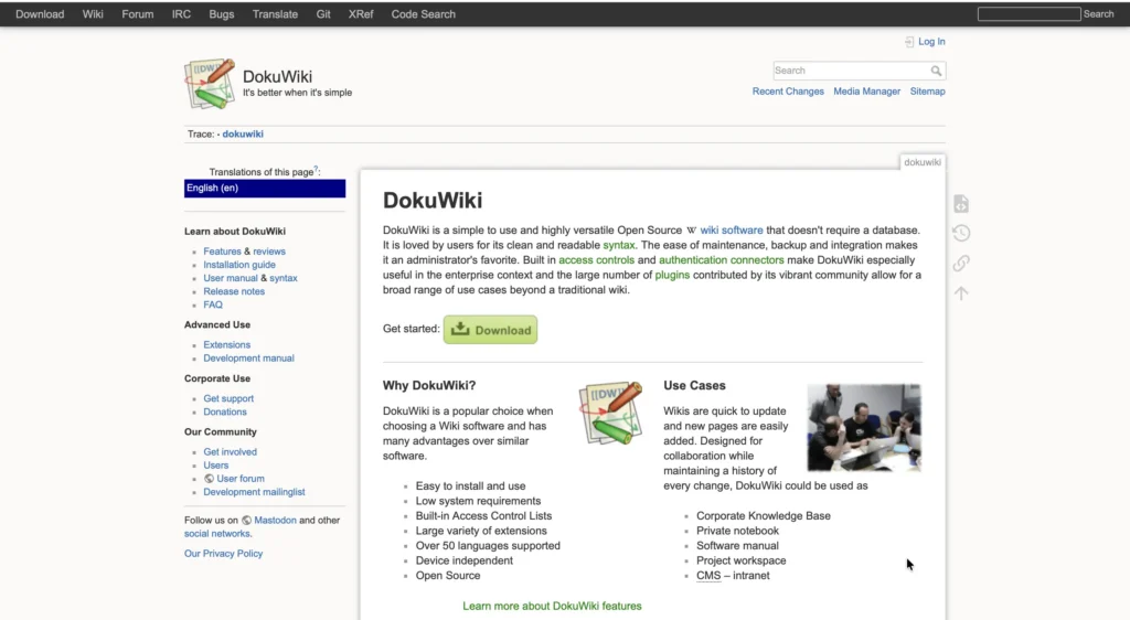DokuWiki homepage displaying "It's better when it's simple" with main content explaining DokuWiki as simple to use open source wiki software, featuring use cases section and navigation sidebar with features and corporate use information