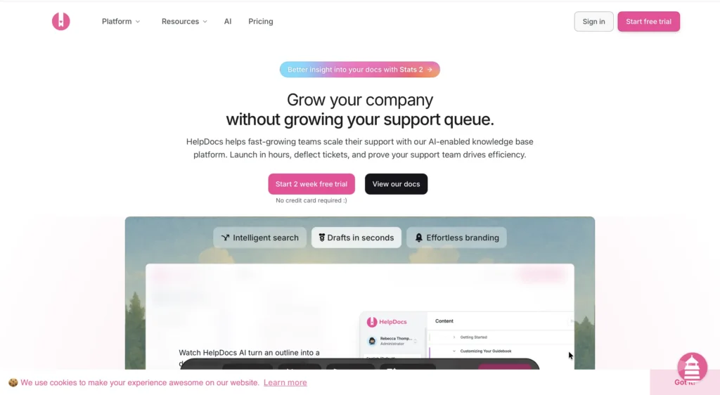 HelpDocs homepage with headline "Grow your company without growing your support queue" showcasing AI-enabled knowledge base features including intelligent search, drafts in seconds, and effortless branding