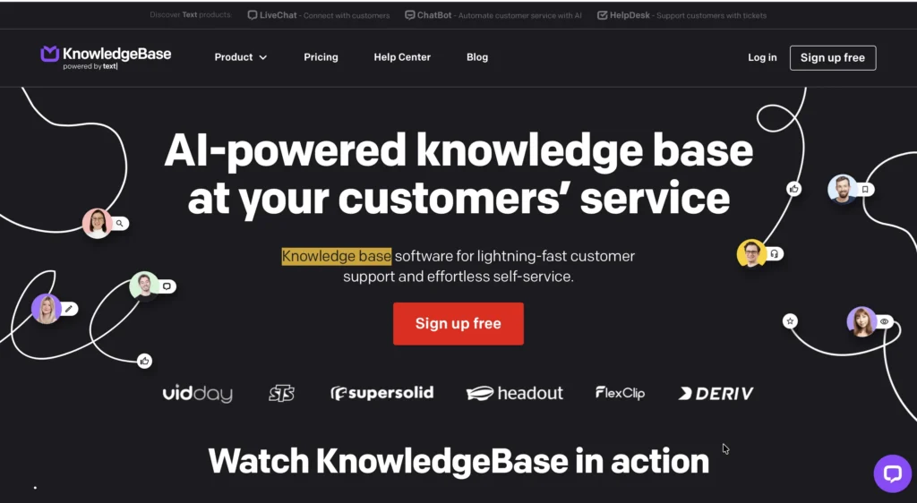 KnowledgeBase.com homepage with dark background and headline "AI-powered knowledge base at your customers' service" highlighting software for customer support and self-service, with company logos of trusted clients