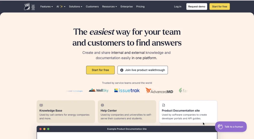 KnowledgeOwl homepage with headline "The easiest way for your team and customers to find answers" showing three use case options: Knowledge Base, Help Center, and Product Documentation site, with trusted company logos displayed below