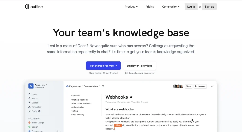 Outline homepage with headline "Your team's knowledge base" and subtext about organizing messy docs, showing product interface with Engineering documentation, webhooks page, and collaboration features
