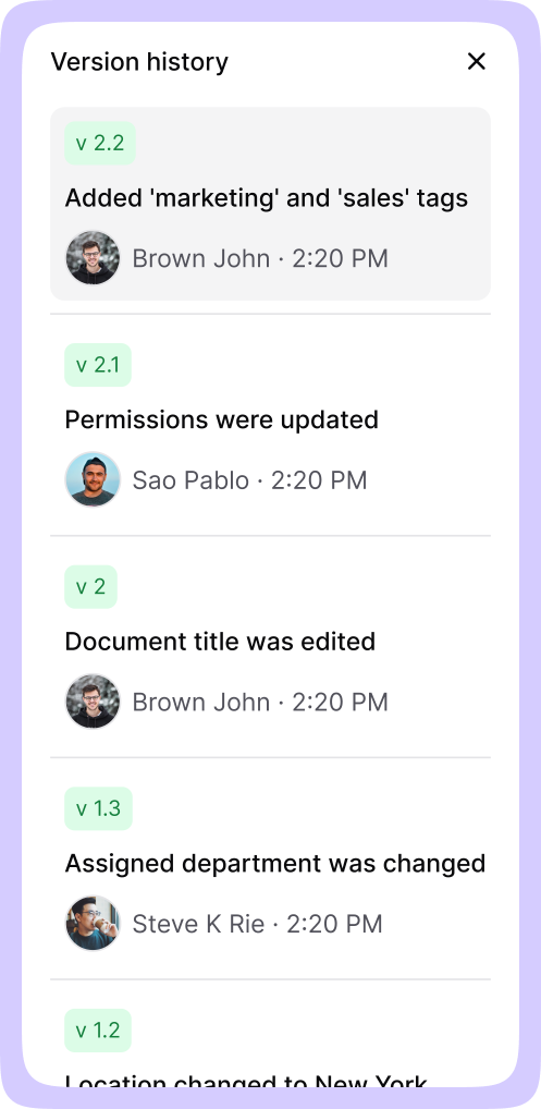 AllyMatter version history showing chronological document changes including tag updates, permission modifications, and content edits with user attribution