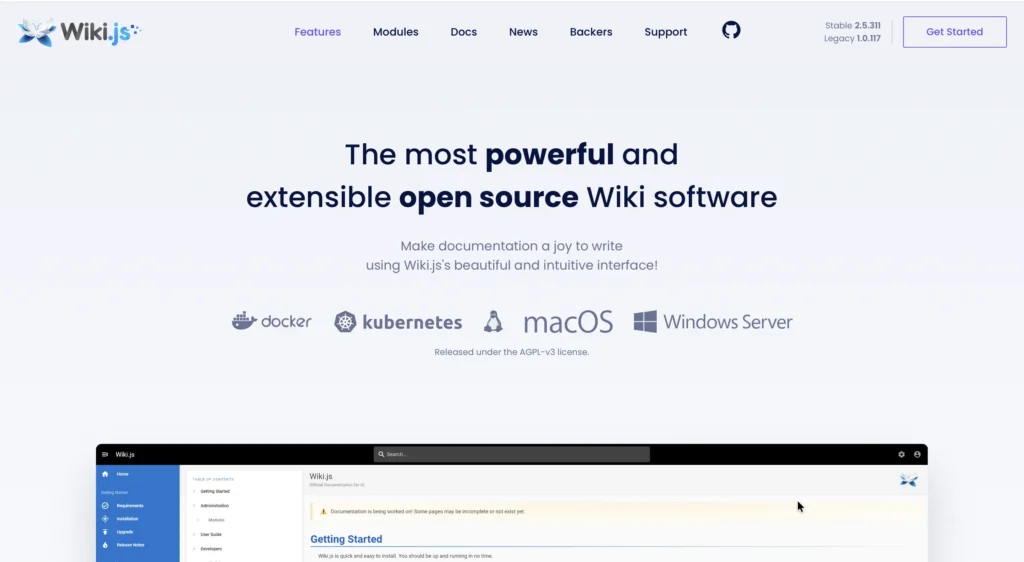 Wiki.js homepage with headline "The most powerful and extensible open source Wiki software" showing deployment options for Docker, Kubernetes, macOS, and Windows Server, with product interface screenshot displaying Getting Started documentation