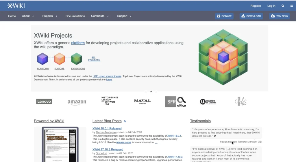 XWiki Projects homepage displaying "XWiki offers a generic platform for developing projects and collaborative applications using the wiki paradigm" with logos of companies using XWiki including Lenovo, Amazon, and others