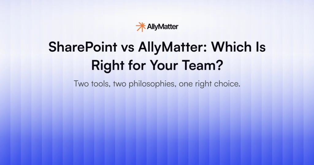 SharePoint vs AllyMatter comparison banner for growing teams evaluating internal knowledge base tools