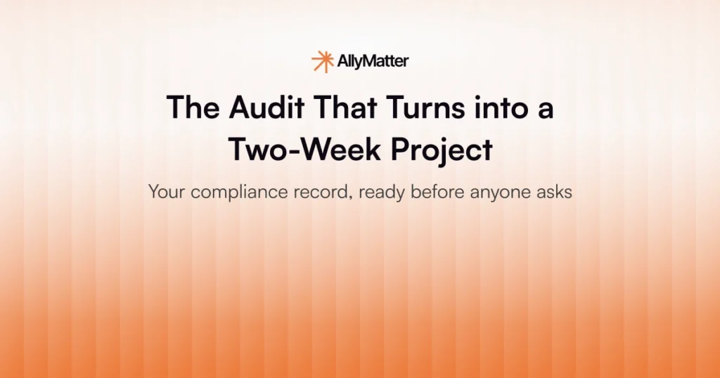 Blog banner for AllyMatter with the title "The Audit That Turns into a Two-Week Project" and subheading "Your compliance record, ready before anyone asks."