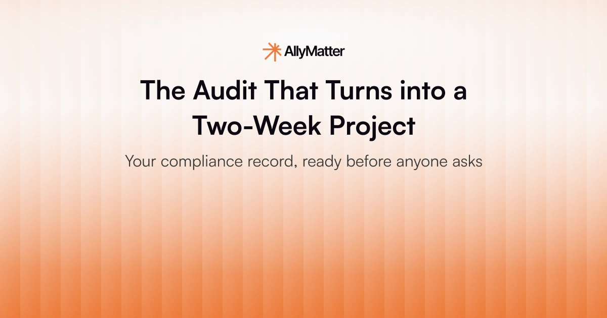 Blog banner for AllyMatter with the title "The Audit That Turns into a Two-Week Project" and subheading "Your compliance record, ready before anyone asks."