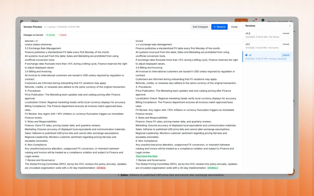 AllyMatter's version compare view showing two versions of a pricing policy side by side, with added and removed words highlighted and a version history panel on the right showing version numbers, dates, and editors.