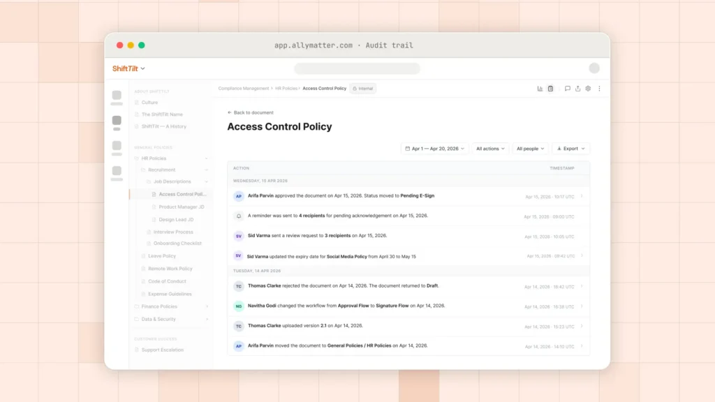 AllyMatter audit trail logging approvals, reminders, reviews, and edits on a policy, each entry stamped with user and time