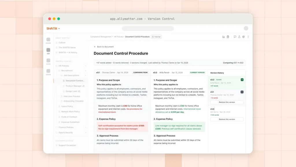 AllyMatter version control comparing two versions of a policy side by side, changed text highlighted, with a version history panel
