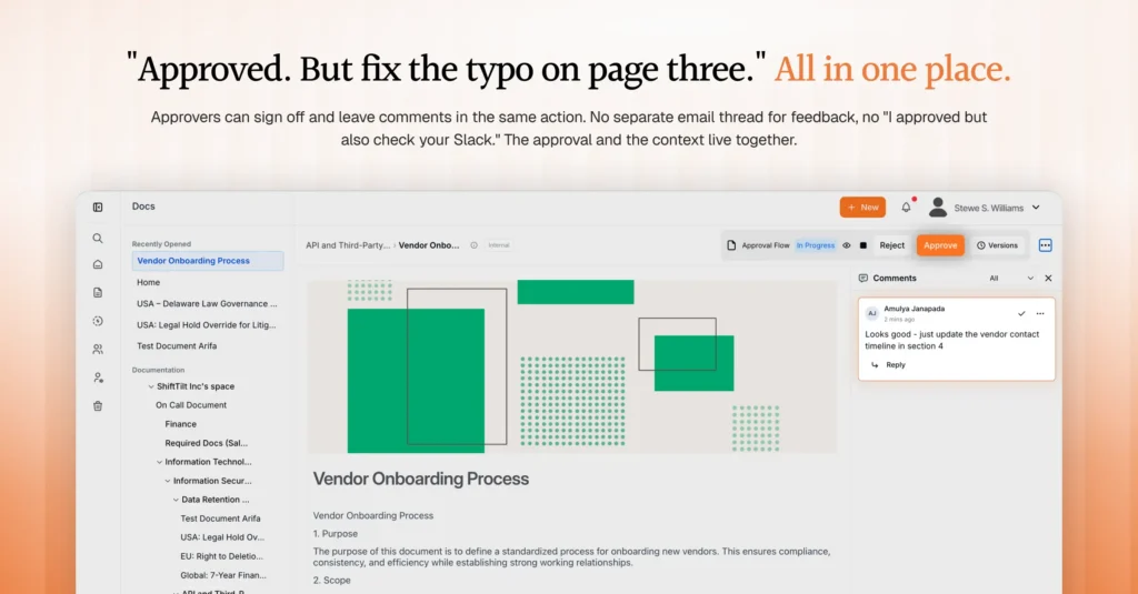 AllyMatter document approval view showing Reject and Approve buttons alongside a Comments panel where an approver has left feedback tied to the same document under review.