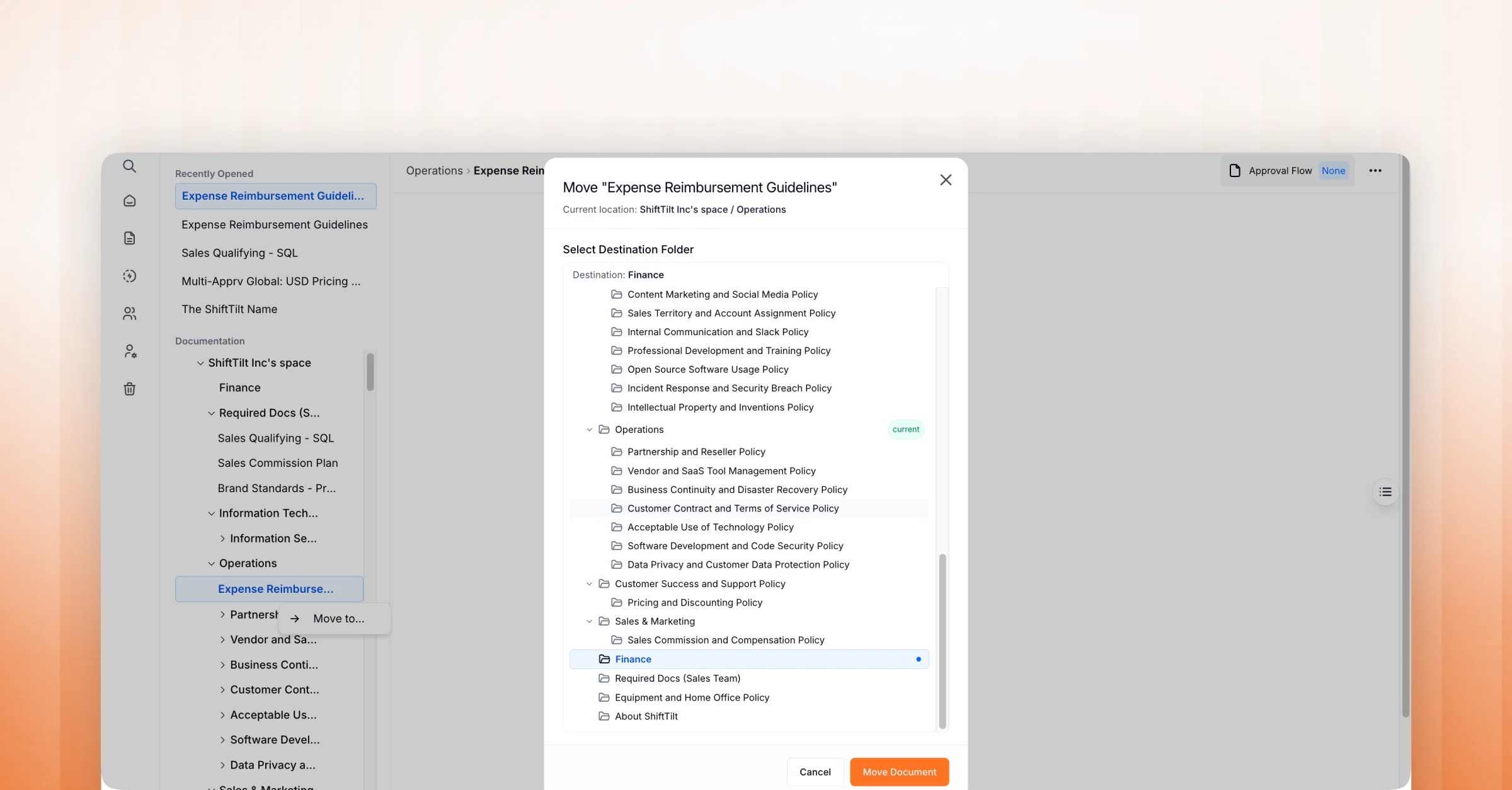 AllyMatter folder structure showing a document being moved between folders, with a destination picker displaying the full documentation hierarchy and a confirmation button to complete the move.
