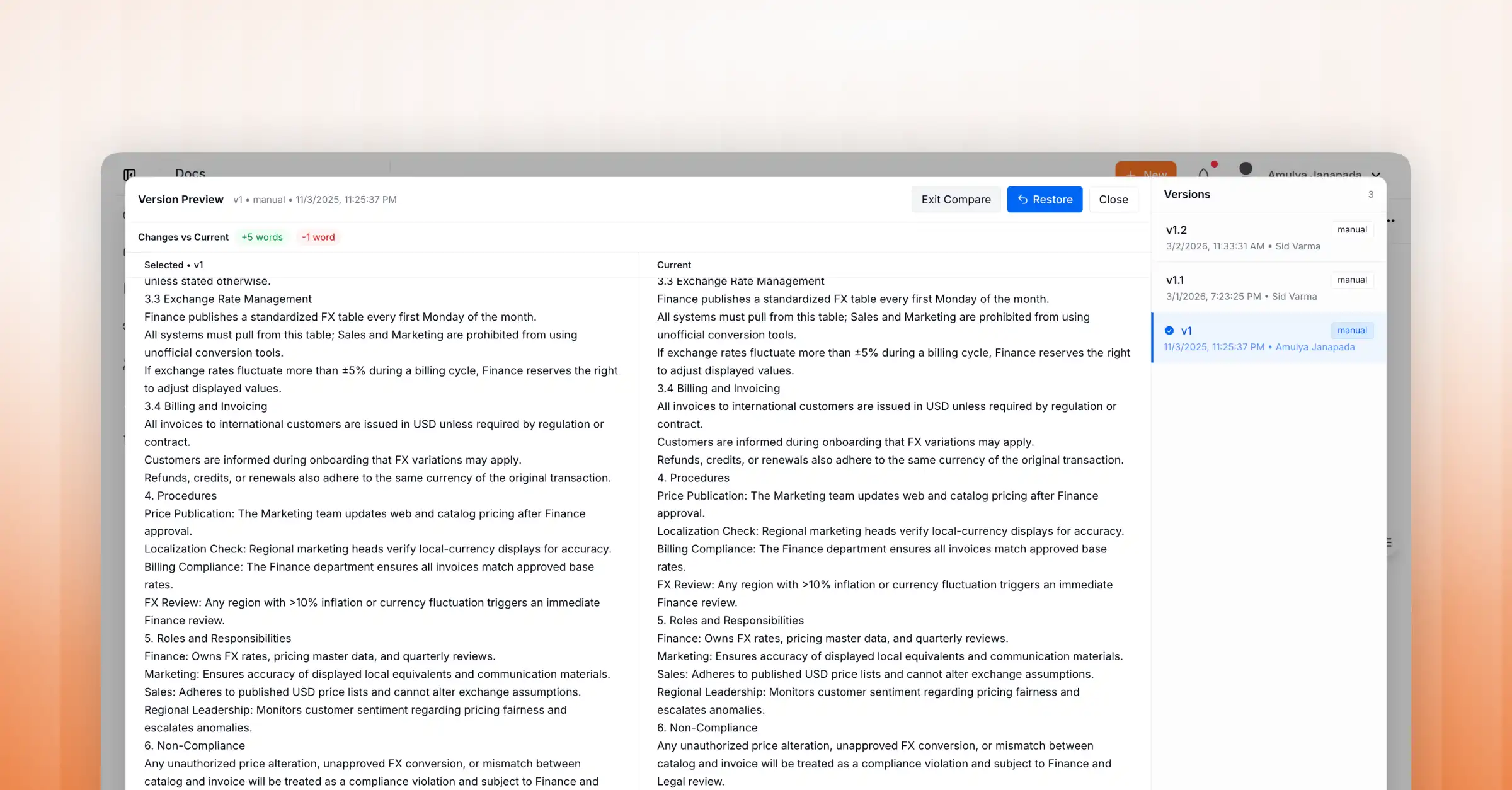 AllyMatter document version history showing a side-by-side comparison between a selected previous version and the current version, with a one-click restore option and a version list displaying timestamps and authors.