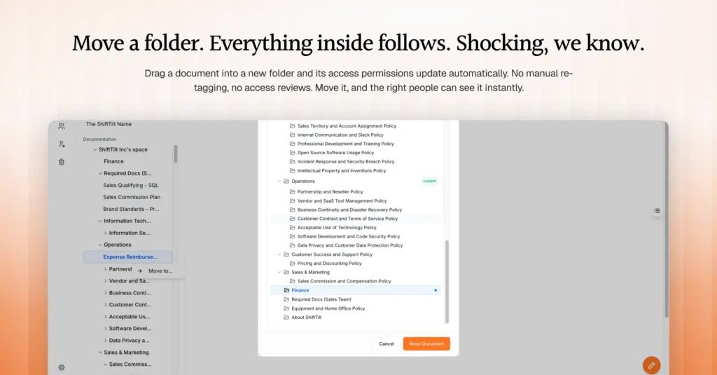 AllyMatter folder structure showing a document being moved between folders, with a destination picker displaying the full documentation hierarchy and a confirmation button to complete the move.
